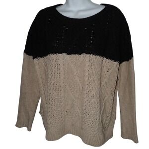 Vince Round Neck Sweater Women S Yak Wool Blend‎ Tan Black Cable Pullover